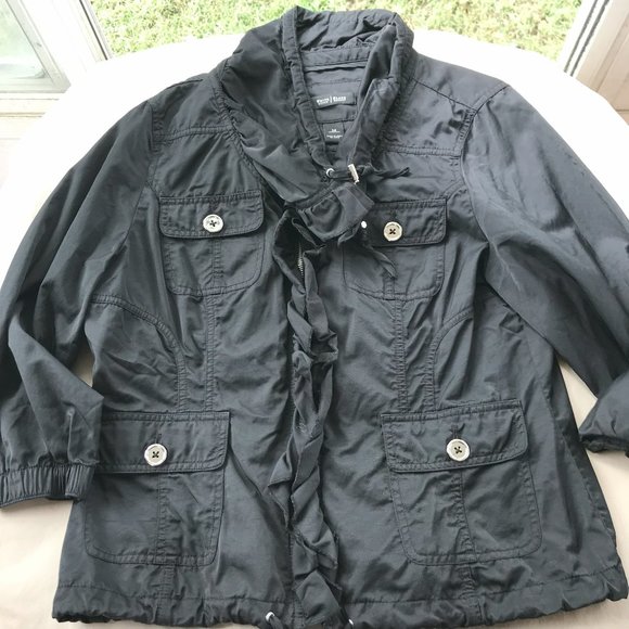White House Black Market Black Ruffled Lapel Light Nylon Jacket Size 14 - Picture 6 of 10